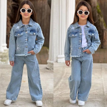 طقم جينز من 3 قطع مزين باللؤلؤ والنجوم